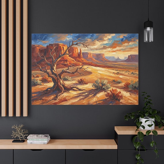 Desert Landscape Canvas Print - Southwestern Wall Art - Impasto Monument Valley Decor - Western Boho Print - Warm Orange and Blue Art