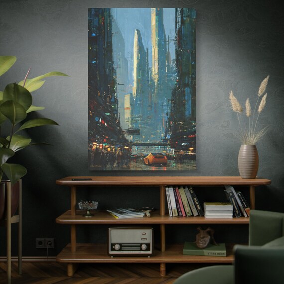 Cityscape Taxi Night, Matte Canvas Print | Stretched Wall Art, Home, and Office Decor.