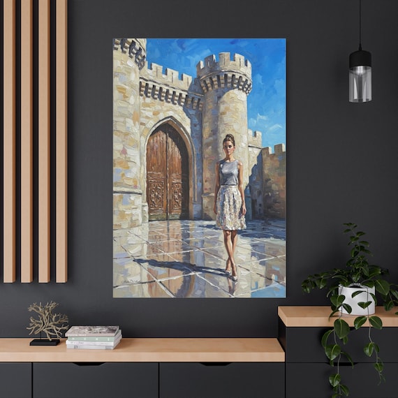 Lady of the Castle Canvas Print - Modern Fashion Illustration - Impasto Style Medieval Architecture -Stone Fortress Art -Elegant Woman Decor