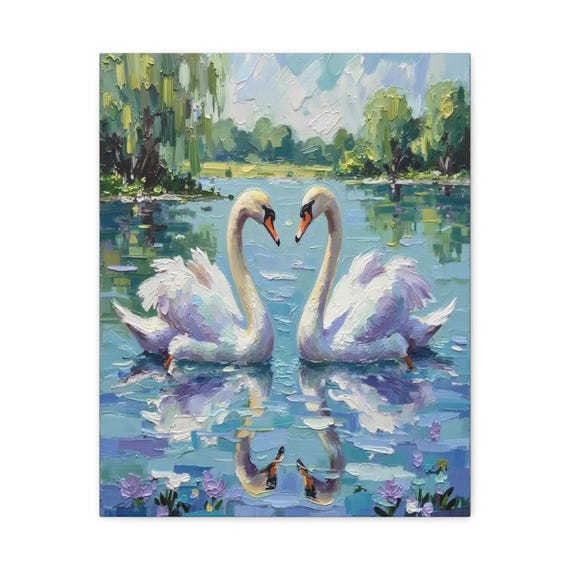 Romantic Swan Canvas Print - Impasto Pond Landscape Art - Cottagecore Wall Decor - Water Lily Canvas - Bird Reflection - Anniversary Gift