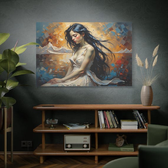 Elegance on the Horizon, Serene Woman by Lake Canvas Print, Gift for Her, Romantic Art, Modern Canvas Print, Living Room Art.