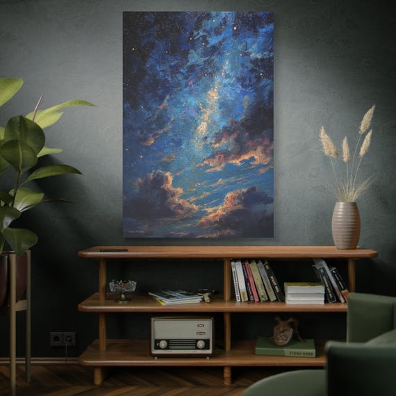 Celestial Ascent,  Canvas Art Print, Deep Blue Night Sky Painting, Starry Decor for Home, Celestial Wall Art, Perfect for Gifts.