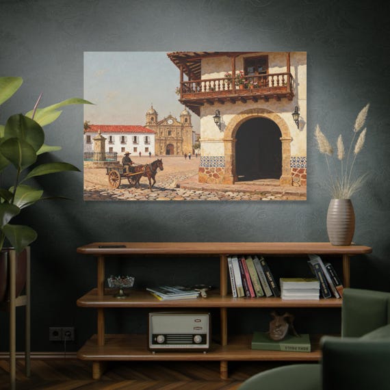 Colonial Town Square Canvas Print, Vintage Matte Wall Art, Rustic Gallery Piece