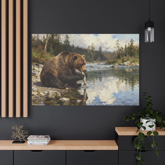 River Feast, Nature-Inspired Wall Art, Bear Fishing Canvas, Rustic Decor, Wildlife Decor, Nature Lovers Gift, Outdoor Theme Art