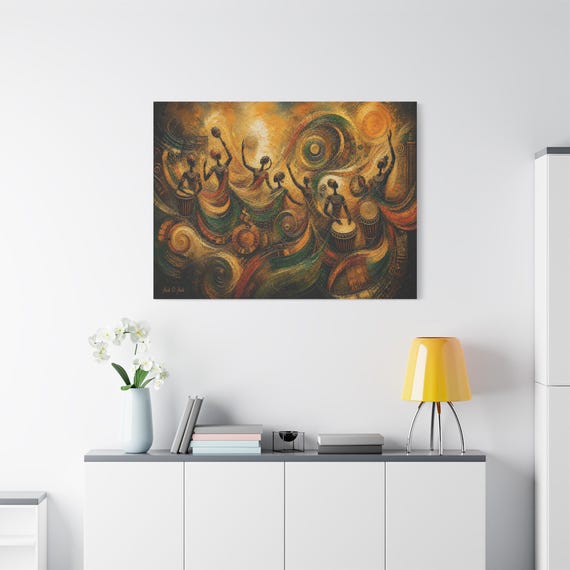 African Dance Canvas Print - Drumming Celebration Wall Art - Swirling Impasto Decor - Tribal Rhythm Print - Earth Tone Global Room Art