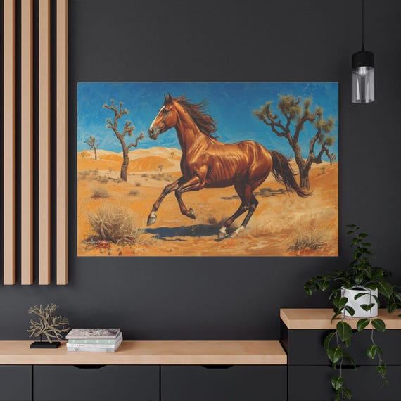 Running Chestnut Horse Canvas | Desert Landscape Stretched Matte