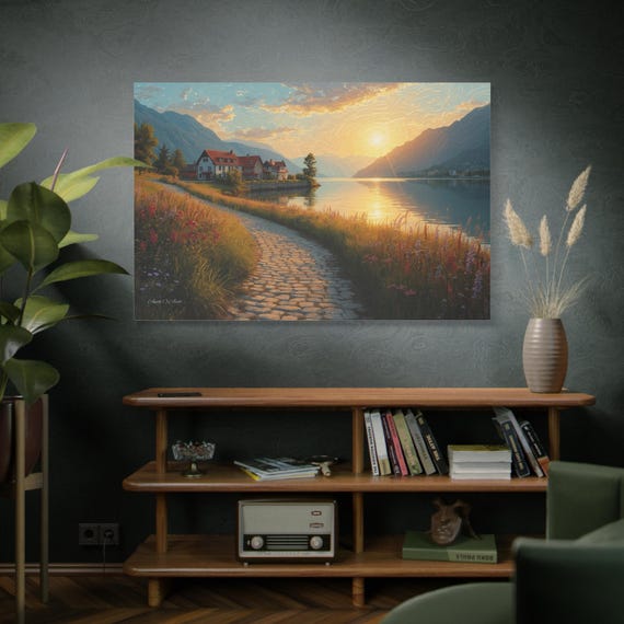 Golden Pathway Home, Sunset Lakeside Canvas Print, Matte Stretched Wall Art, Lake Wall Art, Relaxing Artwork, Cozy Home Decor.