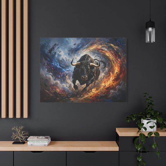 Inferno Taurus, Bull Canvas Print,m Masculine Decor, Bull Art Work, Stretched Canvas, Office wall Art, Mythical Bull Print.