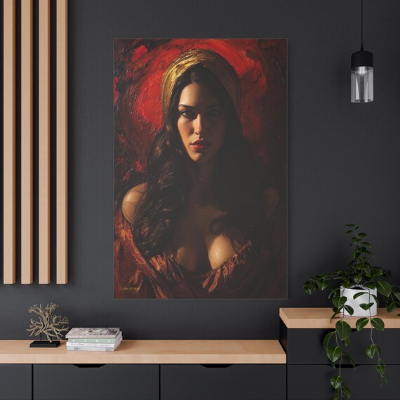Golden Headband Woman Portrait Canvas - Moody Female Wall Art - Impasto Red and Gold Print - Dark Academia Decor - Romantic Fine Art