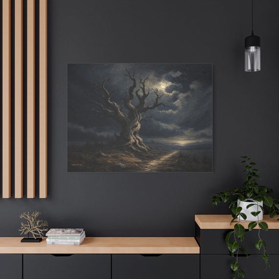 Dry Tree Canvas Print - Moody Sunset Landscape - Heavy Impasto Tree Wall Print - Modern Ranch Decor - Fiery Desert Nature Fine Art Canvas