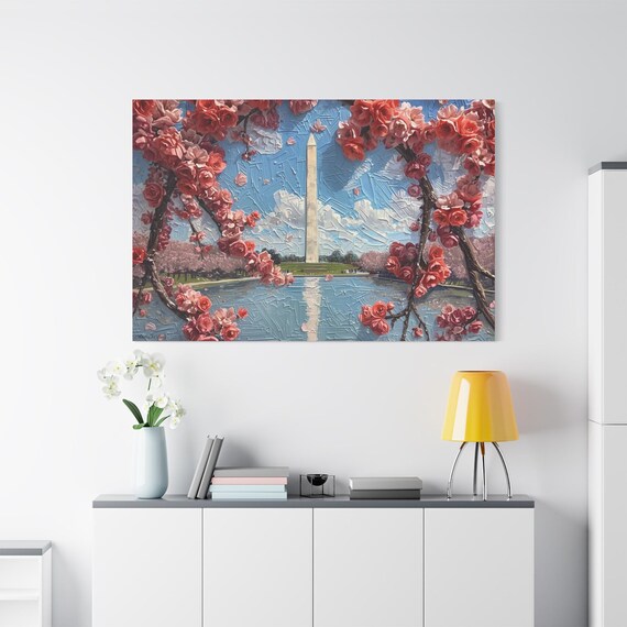 Canvas Wall Art, Blossom Frame, Washington Monument Print, Floral Living Room Decor, Stretched Artwork, Obelisk Blossom, Matte Canvas Print,