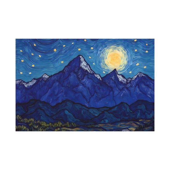 Mountain Starry Night, Canvas Wall Art, Mountain Night Scene, Home Decor, Art for Living Room, Great for Housewarming Gifts. Size 60" x 40"