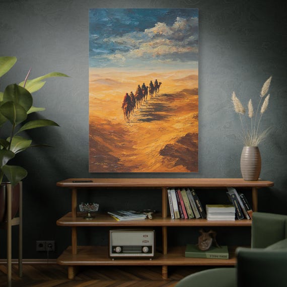 Desert Caravan Canvas Print - Impasto Camel Landscape Art - Sahara Sand Dunes Print - Moroccan Boho Decor - Warm Earth Tone Wall Art