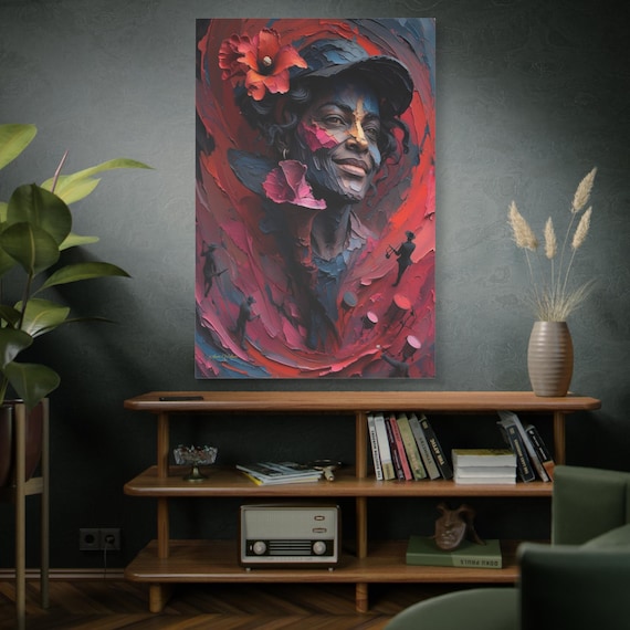Tropical Jazz Lady Canvas Print - Afro Caribbean Music Art - Red Hibiscus Portrait - Impasto Style Musician Painting - Soulful Wall Decor