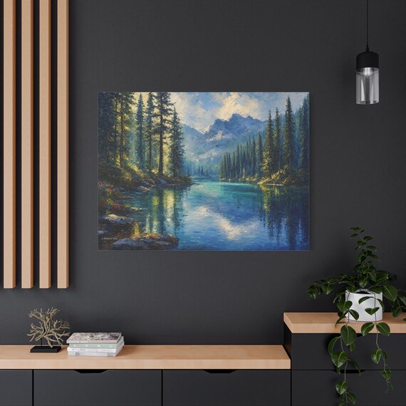 Alpine Lake Canvas Print - Mountain Pine Forest Wall Art - Heavy Impasto Landscape Print - Modern Cabin Decor - Serene Nature Canvas
