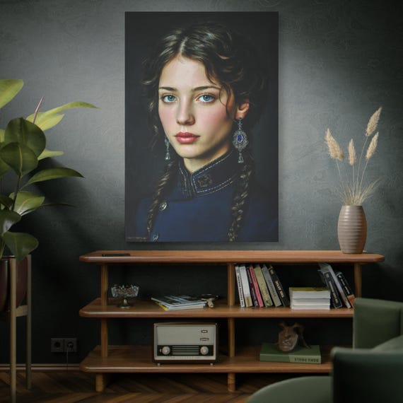 Azure Gaze 2, Elegant Art Canvas Print, Portrait of a Woman, Home Decor, Wall Art, Artwork for Living Room, Gift Idea. Size 40"X60"