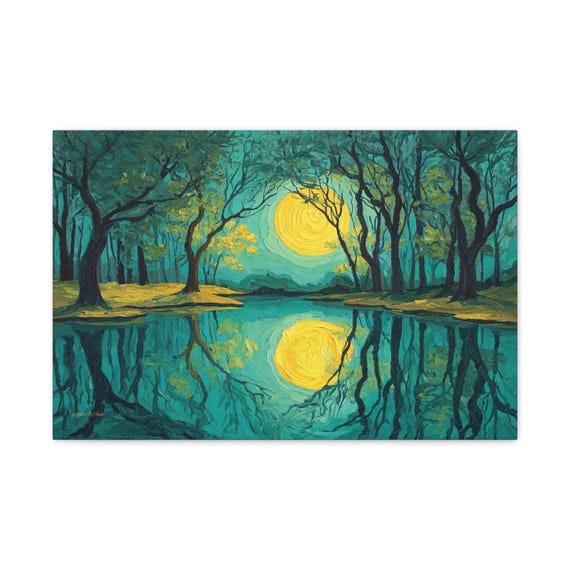 Mystical Teal Forest Canvas Print - Impasto River Reflection Art - Gold Moon Landscape - Post Impressionist Decor - Emerald Green Wall Art