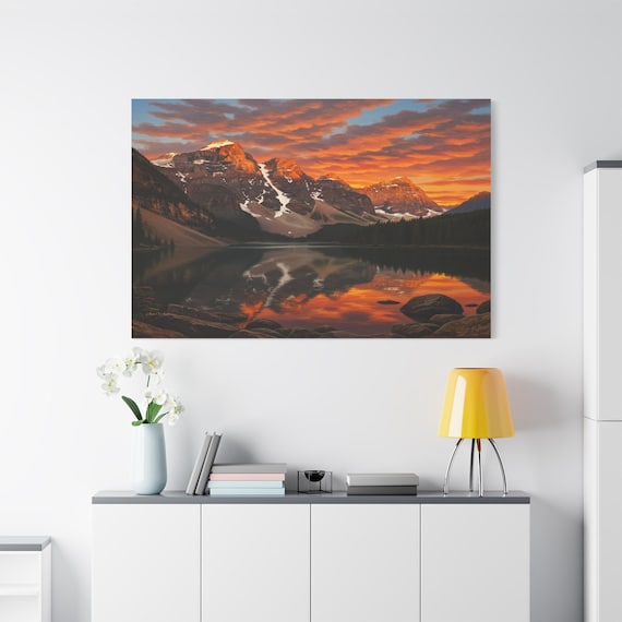Mountain Lake Canvas Print - Sunset Landscape Art - Alpine Reflection Canvas - Cabin Wall Decor - Rustic Nature Art - Fiery Sky Print