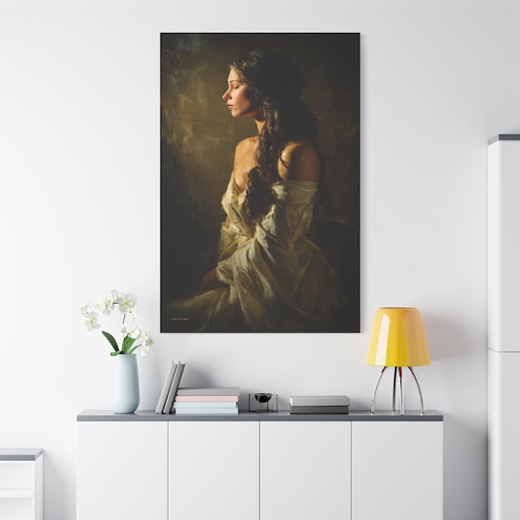 Classical Woman Portrait Canvas - Vintage Female Profile Art - Dark Academia Decor - Impasto Oil Print - Romantic Chiaroscuro Wall Art