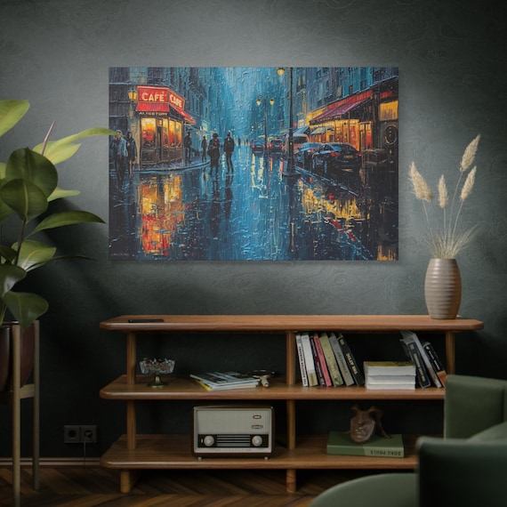 Urban Rainy Night Canvas Print, Wall Art for Home Decor, Cozy Atmosphere, Perfect for Gifts, Great for Living Room or Office