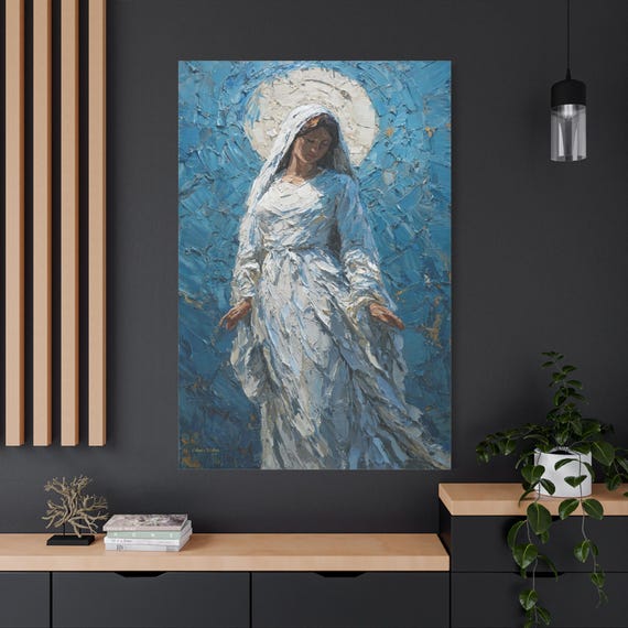 Virgin Mary Canvas Print - Blessed Mother Wall Art - Catholic Home Decor - Impasto Madonna Print - Blue and White Christian Art - Holy