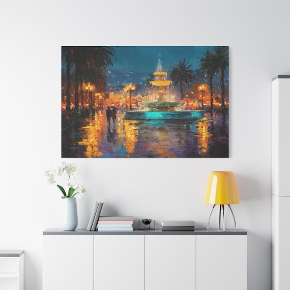 Rainy Night Fountain Canvas - Romantic Couple Umbrella Art - Impasto Cityscape Print - Vibrant Wet Street Decor - Impressionist Nightscape