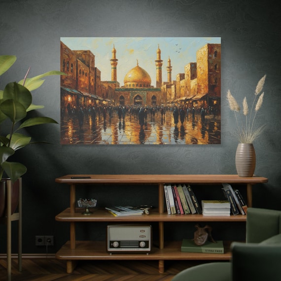 Golden Hour Pilgrimage, Golden Mosque Street Scene Canvas Print, Matte Stretched Wall Art, Islamic Art, Middle East Art.