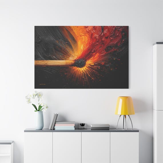 Burning Match Canvas Print - Abstract Fire Art - Impasto Flame Painting - Modern Industrial Decor - Black & Orange Wall Art