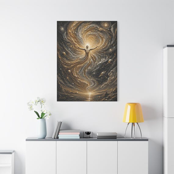 Cosmic Figure Canvas Print - Gold and Black Galaxy Wall Art - Spiritual Impasto Decor - Divine Celestial Canvas - Abstract Space Art