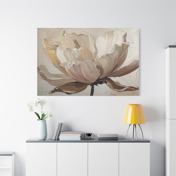 Beige & Gold Flower Canvas - Over Bed Wall Art - Large Abstract Floral Painting - Impasto Cream Bloom - Neutral Living Room Decor