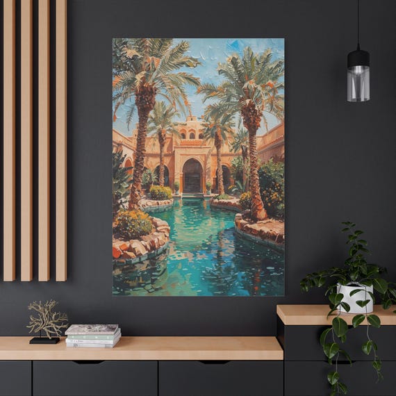 Moroccan Riad Courtyard Canvas Print - Tropical Oasis Wall Art - Palm Tree & Pool Print - Impasto Style Travel Decor.