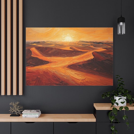 Golden Desert Sunset Canvas - Wide Horizontal Landscape Art - Impasto Sand Dunes Painting - Warm Southwest Decor - Over Sofa Wall Art