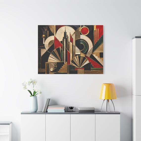 Art Deco Geometric Canvas Print - Roaring 20s Skyscraper Art - Vintage Glamour Wall Decor - Impasto Gold and Black Print - Maximalist Art
