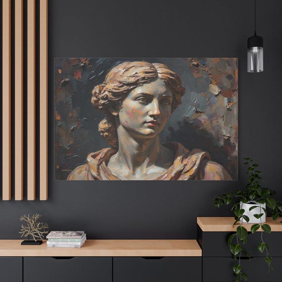 Classical Statue Canvas Print - Impasto Portrait Wall Art - Dark Academia Decor - Vintage Female Bust Print - Moody Antique Style Art