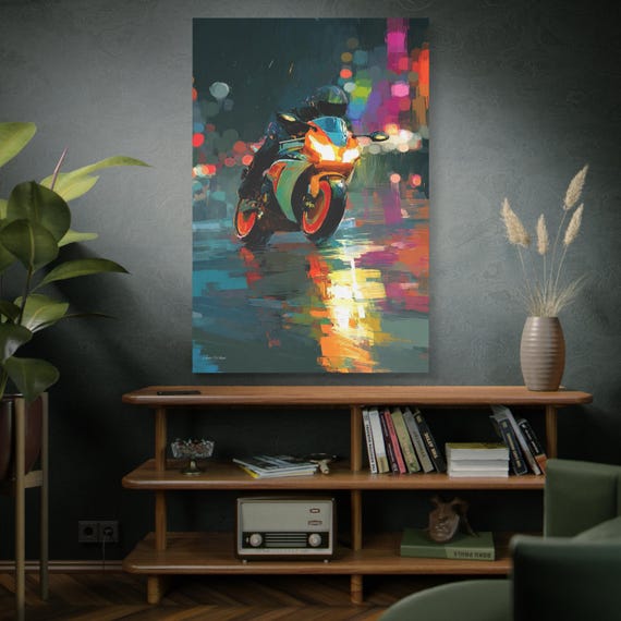 Midnight Rider, Vibrant Motorcycle Art Canvas, Stretched Wall Decor, Biker Gift, Motorcycle Enthusiast Art, Bright Colorful Art Piece.