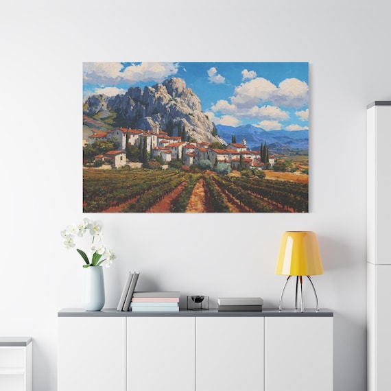 Tuscan Village Canvas Print - Mediterranean Landscape Art - Impasto Italy Print - Vineyard Wall Decor - Rustic Kitchen Art - Square Canvas
