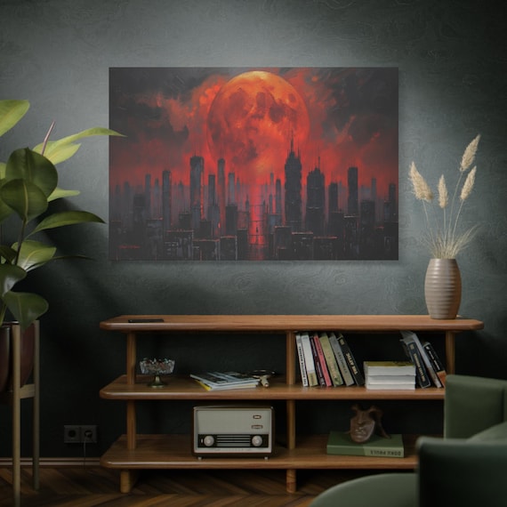 Silent Metropolis, Blood Moon Cityscape Matte Canvas Print, City Canvas, Urban Skyline, Apocalypse Art, Blood Moon Print.