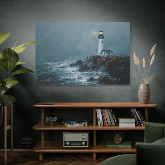 Misty Lighthouse Canvas Print - Moody Coastal Wall Art - Impasto Ocean Print - Dark Seascape Decor - Crashing Waves Nautical Art