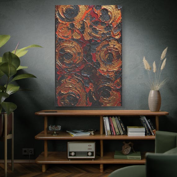 Phoenix Coils, Abstract Gold Floral Print, Matte Canvas, Abstract Art, Modern Home, Boho Art, Rustic Gallery, Office Decor, Gold & Red Art.