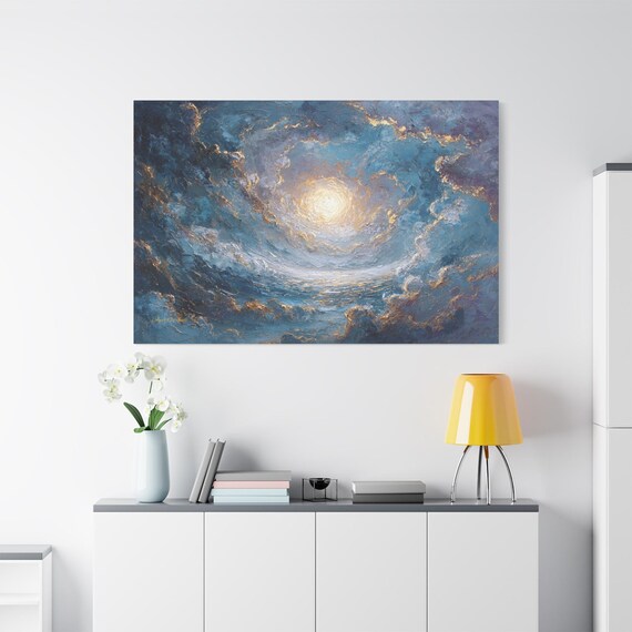 Celestial Cloud Canvas Print - Blue & Gold Abstract Art - Impasto Sky Print - Heavenly Nursery Decor - Dreamy Bedroom Wall Art