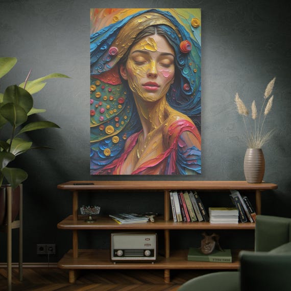 Aura of Gold, Woman Portrait Canvas Print, Wall Art Lovers, Home and Office Decoration, Colorful Art.