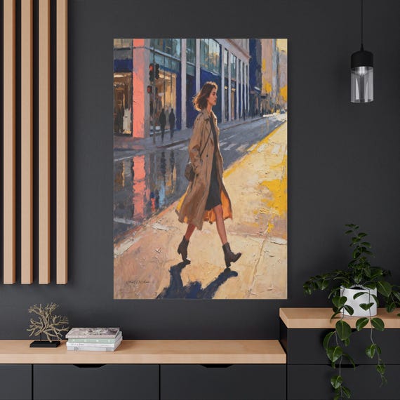 Modern Cityscape Canvas Print, Woman in Trench Coat, Golden Hour Lighting, Impressionist Style Art