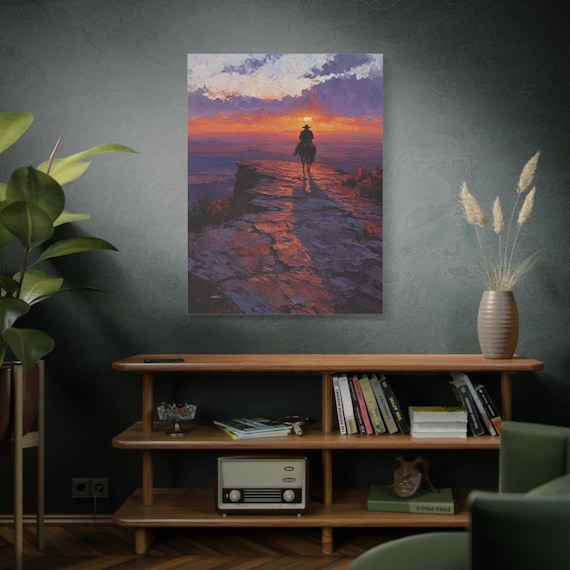 Lone Cowboy Canvas Print - Western Sunset Wall Art - Impasto Landscape Print - Rustic Southwestern Decor - Moody Equestrian Art - Cabin