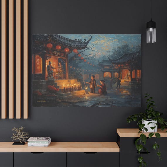 Ancestors' Festival Canvas - Chinese Temple Art - Remembrance Ritual Print - Impasto Winter Twilight - Cultural Heritage Wall Decor