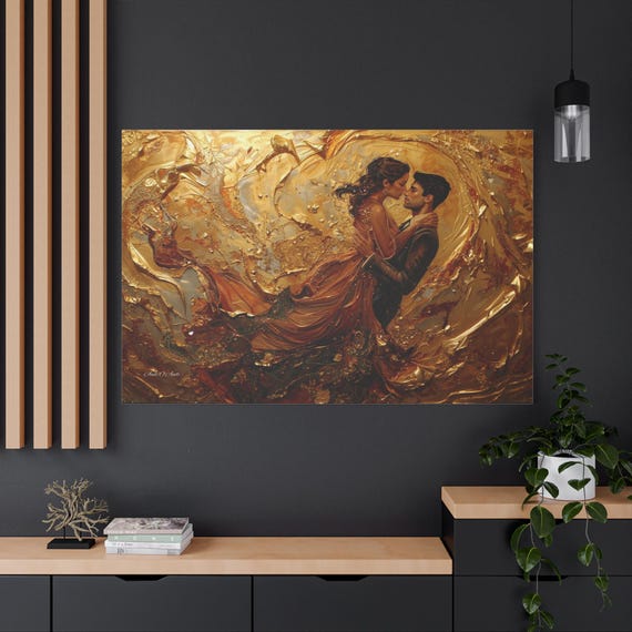 Romantic Couple Canvas Print - Golden Abstract Wall Art - Lovers Embrace Canvas - Anniversary Gift - Elegant Bedroom Decor - 3D Look Art