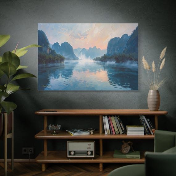Guilin Mountains Canvas Print - Asian River Landscape - Impasto Sunset Print - Teal & Pink Wall Art - Serene Nature Decor - Zen Water Print