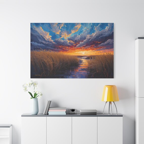 Sunset Marsh Canvas Print - Impasto Landscape Art - Orange and Blue Sky - Wetland Reed Print - Lake House Decor - Peaceful Nature Wall Art