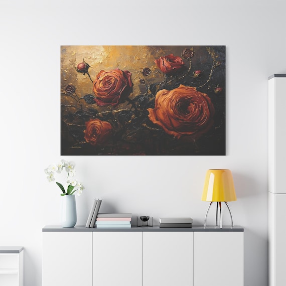 Horizontal Dark Floral Canvas - Moody Rose Wall Art - Impasto Flower Print - Gothic Romance Decor - Black and Gold Art - Large Floral