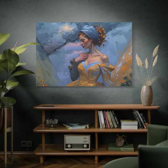 Azure & Gold Reverie, Elegiac Woman Portrait Matte Canvas Print.