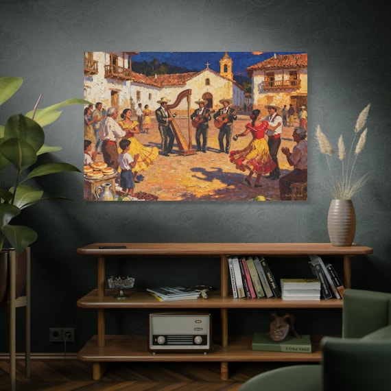 Venezuelan Musica Lianera Band, Vibrant Canvas Wall Art,  Fiesta Decor, Colorful Home Artwork, Cultural Celebration Print.